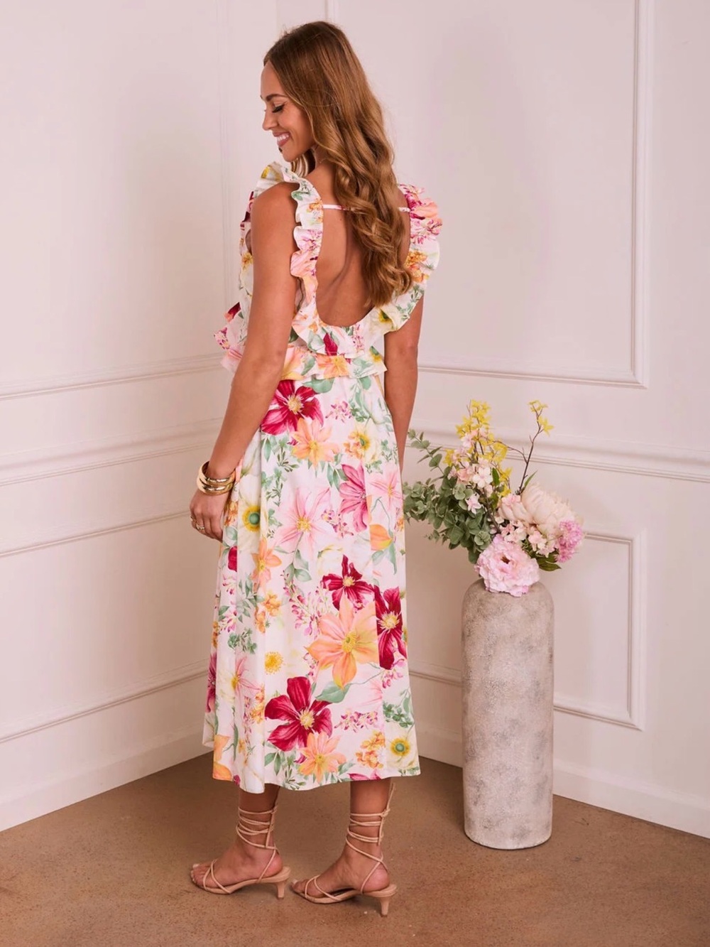 Vici Floral V-Neck Ruffle Midi Dress in White and Pink - Picture 2 of 4